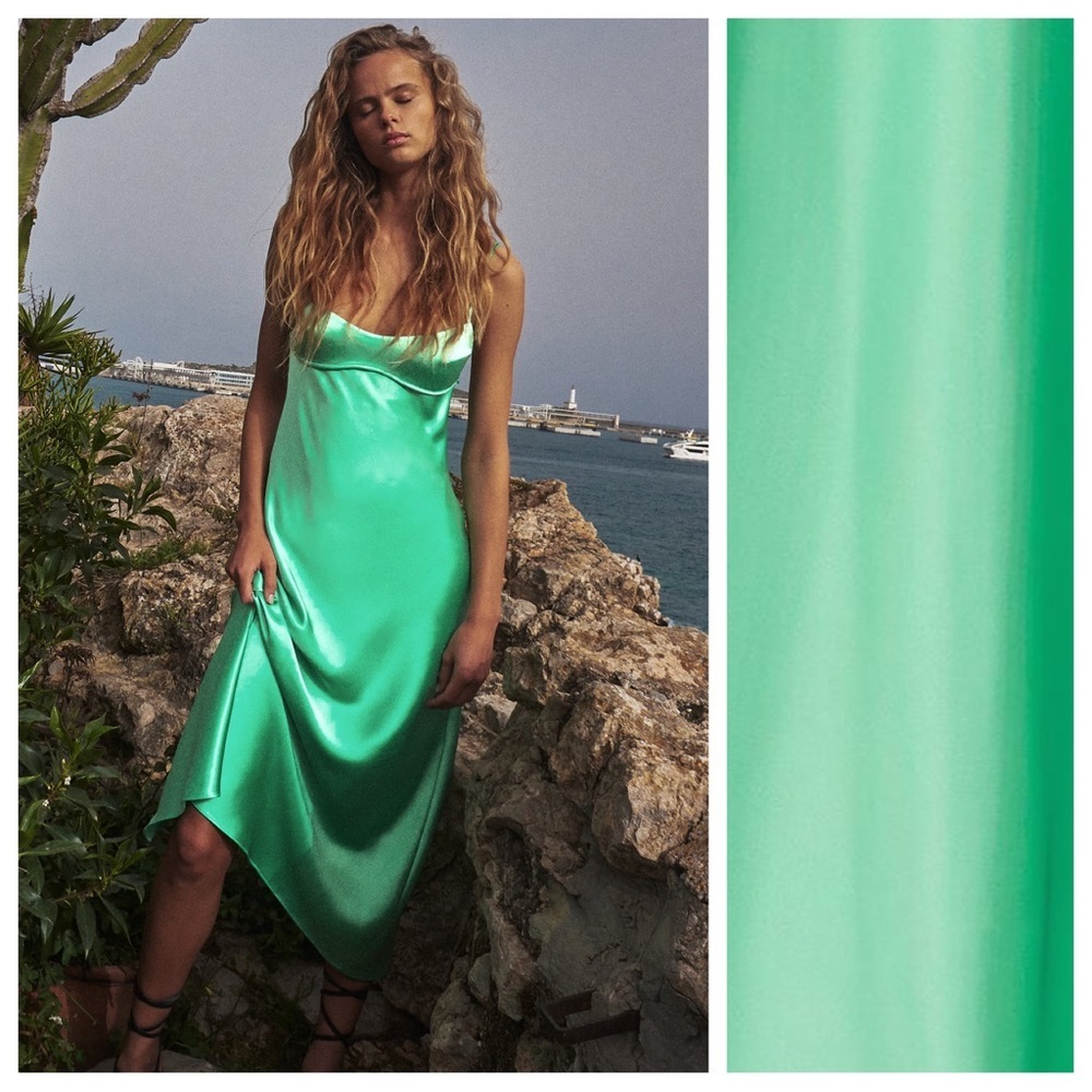 NWT. Zara Green Satin Effect Midi Dress. Size L.